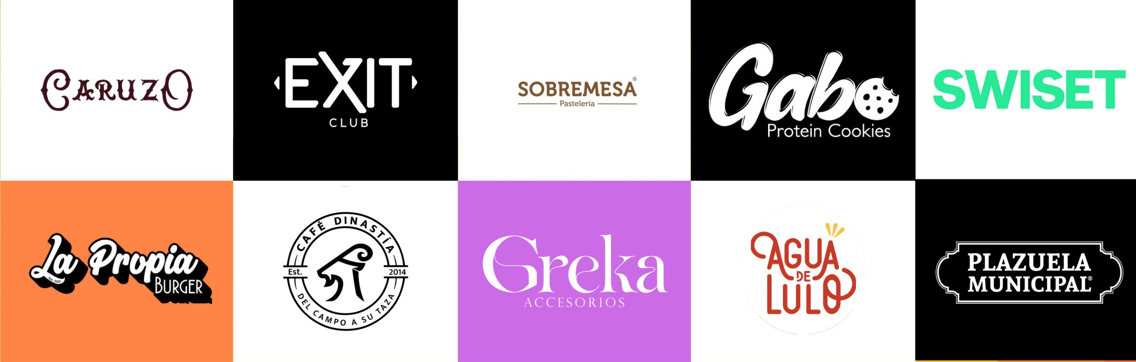 Logos de marcas participantes: Caruzo, Exit Club, Sobremesa Pastelería, Gabo Protein Cookies, Swiset, La Propia Burger, Café Dinastía, Greka Accesorios, Agua de Lulo, Plazuela Municipal